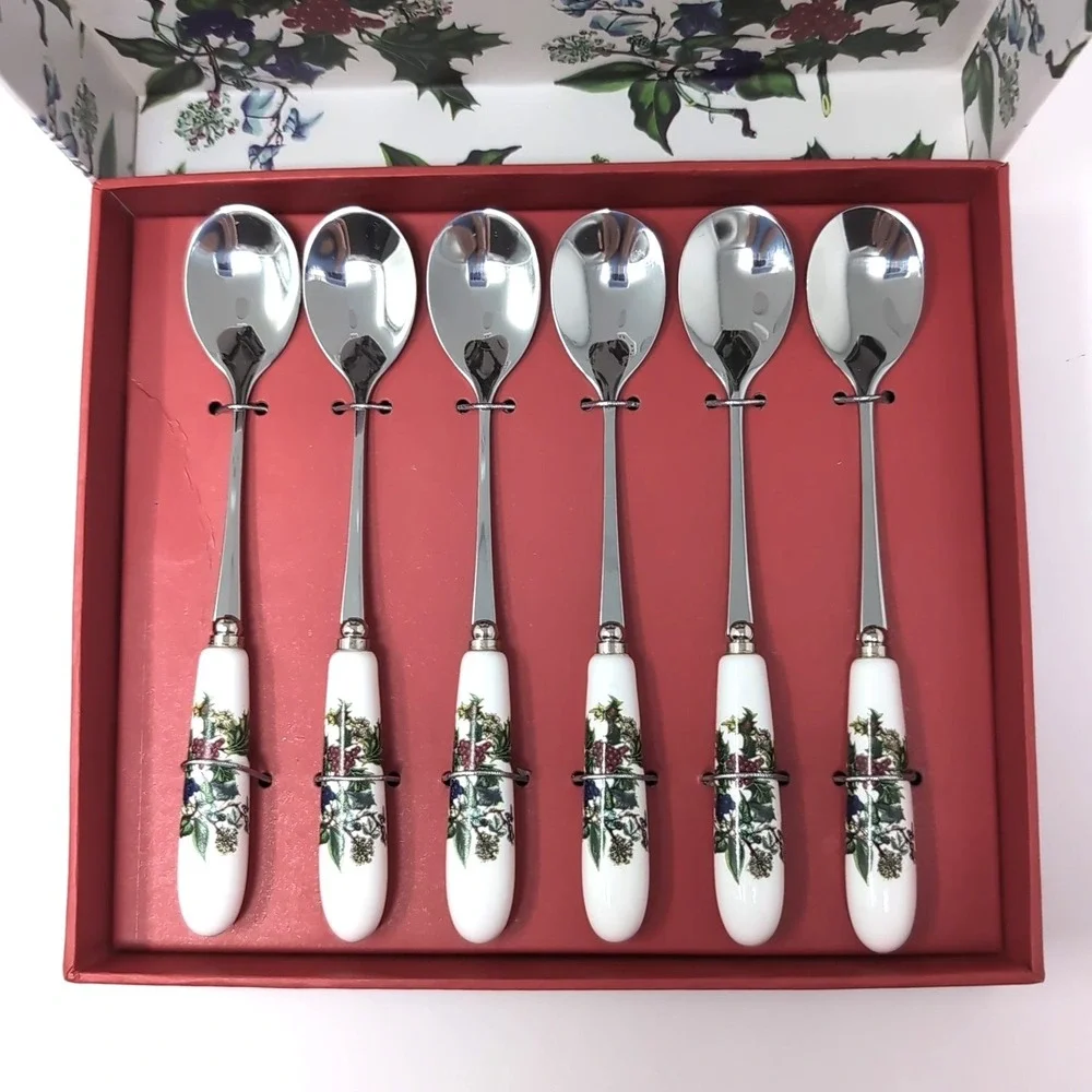 Portmeirion The Holly and the Ivy Teaspoons Set of 6 Porcelain Handle New In Box